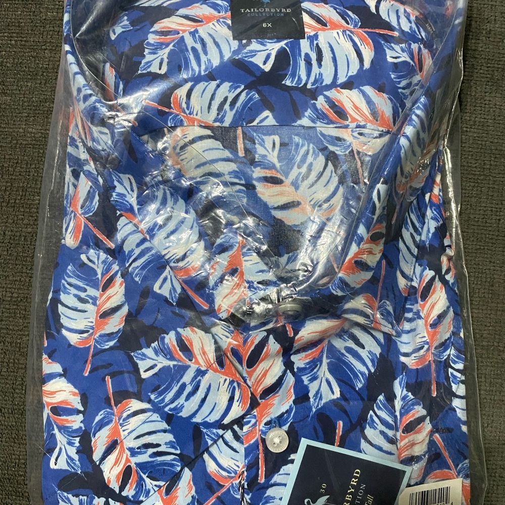 Tailorbyrd Blue and Red Leaf Pattern Shirt Sz 6X short sleeve Hawaiian